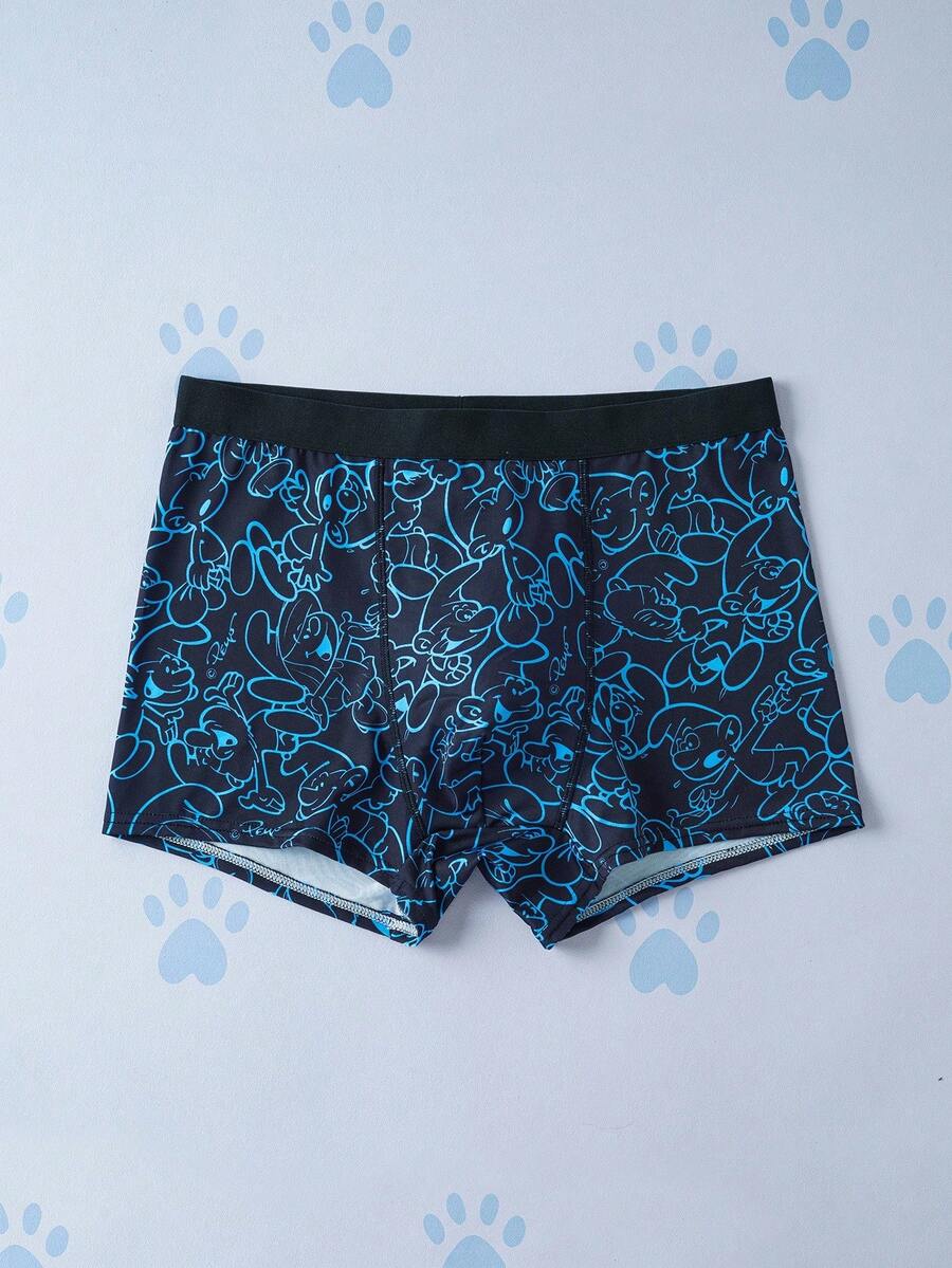 SHEIN X The Smurfs 男士舒适柔软卡通图案平角裤 - 黑色 - 查看 1