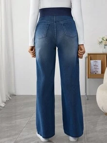 SHEIN 可调节腰部宽腿宽松孕妇牛仔裤 - 深色水洗藍 - 查看 2