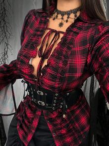 Flirla Plus Size Women's Black And Red Plaid Print Goth Shirt,V-Neck Ruched Long Sleeve Vintage Punk Button Front Top For Autumn,Halloween,Party Daily Wear - Multicolor - View 6