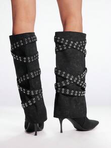 Sugerpunk Women's New Pointed Toe Stiletto Heel Studded Thigh High Boots, Black - Black - View 5