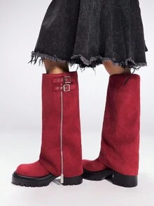 Sugerpunk 女士时尚中筒靴，休闲厚底 - 酒紅色 - 查看 4
