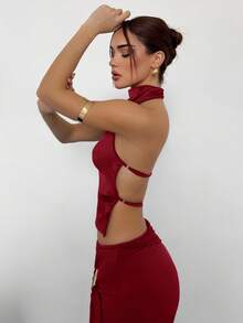 Aloruh Áo hai dây buộc hở lưng cổ cao mới dành cho nữ, màu nâu, mặc dự tiệc/dạ hội, mùa thu/đông - Màu Đỏ Sâu - Xem 5