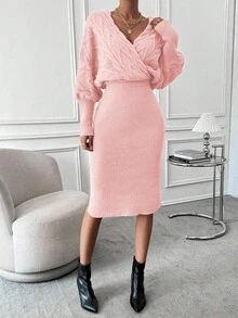 EMERY ROSE 蝙蝠袖开衩裹身毛衣裙针织套装针织两件套毛衣裙套装毛衣两件套冬季两件套 - 淺粉色 - 查看 3