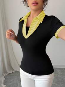 Rafferiza 女士端庄复古风格二合一商务休闲 T 恤，适合办公室、返校季 - 黃色 - 查看 4