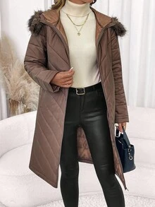 SHEIN Clasi معطف نسائي أنيق بغطاء رأس مبطن بنمط السمكة الهرنجية، معطف مبطن متوسط الطول للخريف/الشتاء - بني فاتح - مشاهدة 7