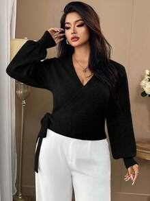 SHEIN Clasi 1 件女士加大码优雅系带长袖针织开衫，适合秋冬季 - 黑色 - 查看 3