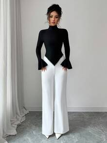 Elenzga Women's Elegant V-Neck Black & White Contrast Pearl Jumpsuit, Suitable For Autumn/Winter, Thanksgiving, Elegant Party, Christmas, New Year - Black and White - View 5