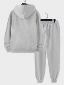 SHEIN Cottnline Cotton Men Letter Patched Hoodie & Drawstring Waist Sweatpants - Grey - View 2