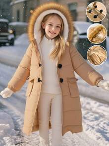 SHEIN Tween Girls' Casual Basic Quilted Padded Mid-Length Padded Coat, Warm For Autumn/Winter Fall
