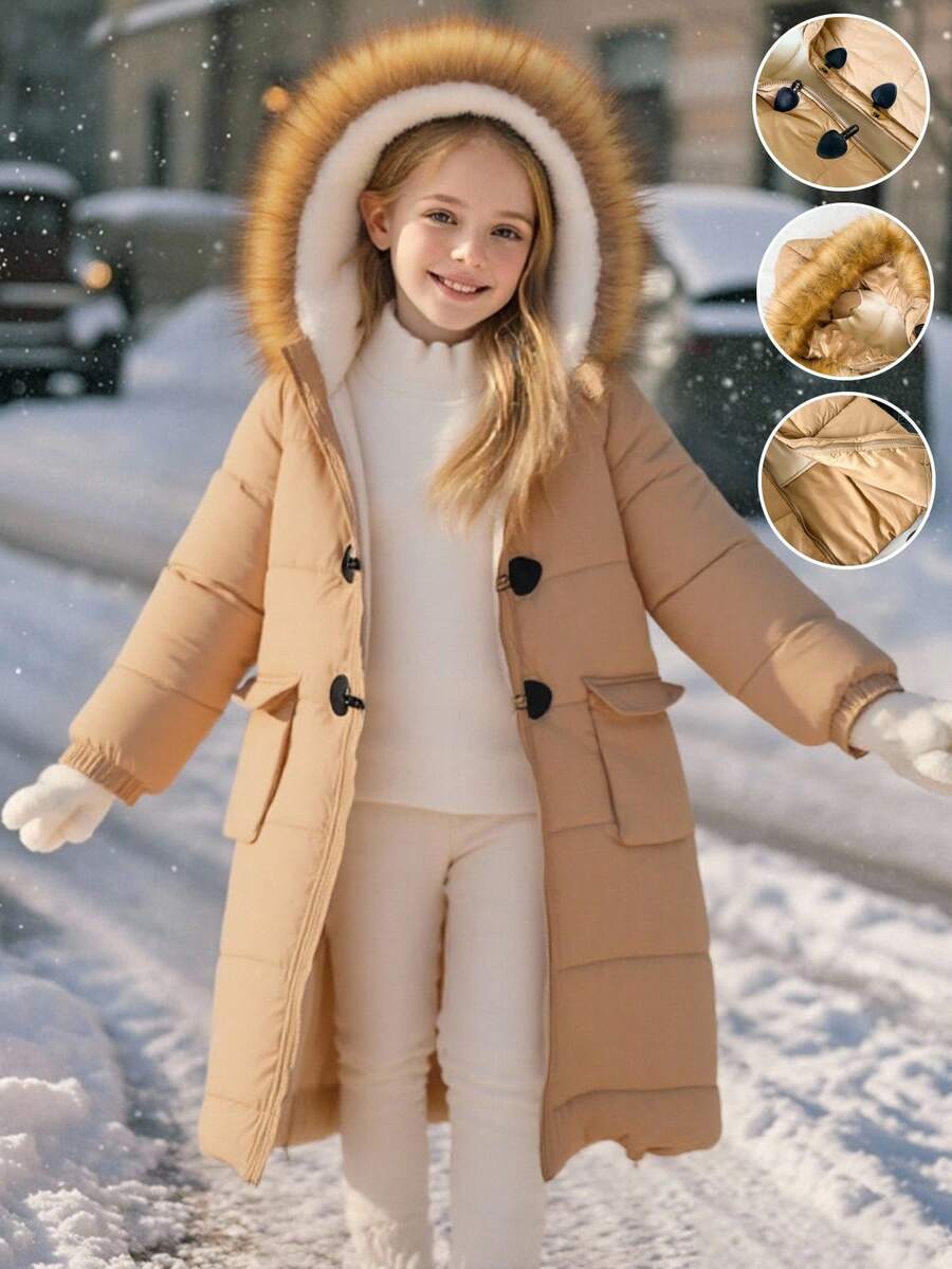 SHEIN Tween Girls' Casual Basic Quilted Padded Mid-Length Padded Coat, Warm For Autumn/Winter Fall