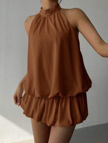 Aloruh Women's Casual Vacation Style Solid Color Backless Tie Knot Ruffle Hem Mini Dress, Summer - Coffee Brown - View 4