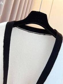 SHEIN Clasi Áo khoác cardigan viền khối màu tối giản, giản dị cỡ lớn, mùa thu - Đen và trắng - Xem 4