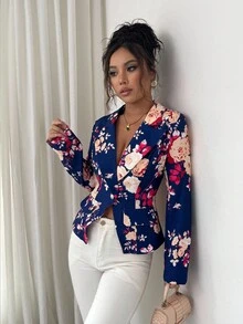 Elenzga 女士印花翻领长袖单扣西装外套，简约优雅 - 彩色 - 查看 5