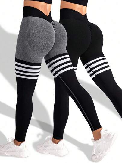 SHEIN Velisys Women's Black Linen Striped Leggings, Ruched Waist, Sexy Lifting, Yoga & Fitness Gym Leggings Workout Leggings Women Tights Sports Leggings