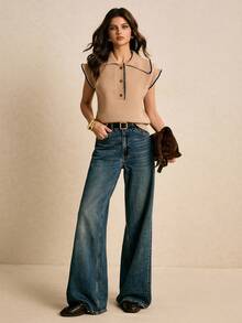 Poéselle Women's Floral Trim Polo Collar Casual Loose Knit Vest - Apricot - View 2