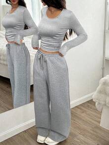 SHEIN EZwear 2pcs Women Solid Color Round Neck Long Sleeve T-Shirt And Pants Set - Grey - View 4