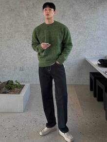 DAZY Men's Green Berries Color Floral Jacquard Crew Neck Sweater, Autumn/Winter, Grunge Style