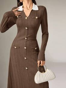 Heiryn فستان أنيق بأكمام طويلة وأزرار للنساء بطول متوسط - بني داكن - مشاهدة 5