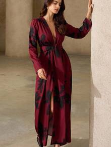 Aveloria Rosie Red & Black Floral Print Maxi Dress With Tie Knot Detail, Sexy Deep V-Neck, Long Sleeve, Stretchy