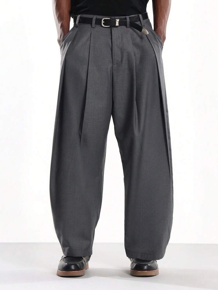 Wide Leg Pleated Twill Trousers With Side Pockets
