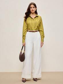 BizChic 2025 Autumn/Winter New Yellow-Green Striped Print Lapel Button-Front Women's Shirt, Modern Elegant Urban Business Casual Office Wear, Suitable For Dates, Parties, Outings, Airports, Romantic Country Music Concerts, Old Money Style, Korean Fashion, Airport, Wedding Guest, Birthday, Halloween, Christmas,Fall Tops Women Work Blouses Women Button Down Shirts Office Blouse Striped Shirt Women - Green - View 4