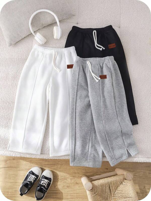 SHEIN 3pcs Boys' Casual Cute Daily Comfortable Classic Black White Grey Loose Straight Sweatshirt & Pants Set, Buy 2 Get 1 Free, Suitable For Outings, School, Gatherings, Autumn/Winter, Back To School Outfits, Fall Outfits,Winter Clothes
