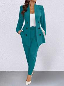Elenzga Conjunto de chaqueta y pantalones de talla grande para mujer, de manga larga y doble botonadura, elegante, para otoño - Agua verde azul - Ver 5
