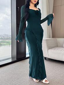 Feyla 女式纯色简约荷叶边下摆长袖连衣裙 - 墨綠色 - 查看 6