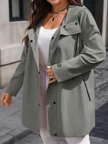 EMERY ROSE Plus Size Women's Solid Color Long Sleeve Pocket Drawstring Hooded Casual Trench Coat/ Winter - Dark Grey - View 6