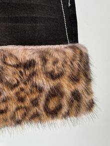 Elamini Damen Patchwork Leopard Kunstfell Jeans Mini Rock mit Taschen