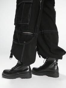 Sugerpunk Women's Gothic Style Round Toe Chunky Heel Boots With Metal Buckle Design, PU Leather, Punk, Suitable For Party, Daily Wear, And Casual