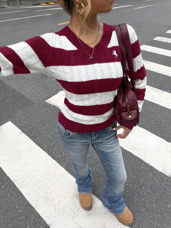 SHEIN Teen Girl Striped V-Neck Collegiate Style Contrast Color Fitted Comfortable Pullover Knit Sweater Autumn Winter Clothes For Girl