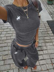 Muchica Women's Black Knit Casual Embroidered T-Shirt & Pants Set Two Piece Set Women Comfy Y2k 2 Piece Set Grey 2 Piece Set 2 Piece Casual Sets Woman - Grey - View 7