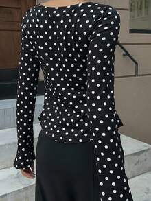 MainGRL 女士黑色波点休闲系带方领长袖T恤 - 黑色 - 查看 2