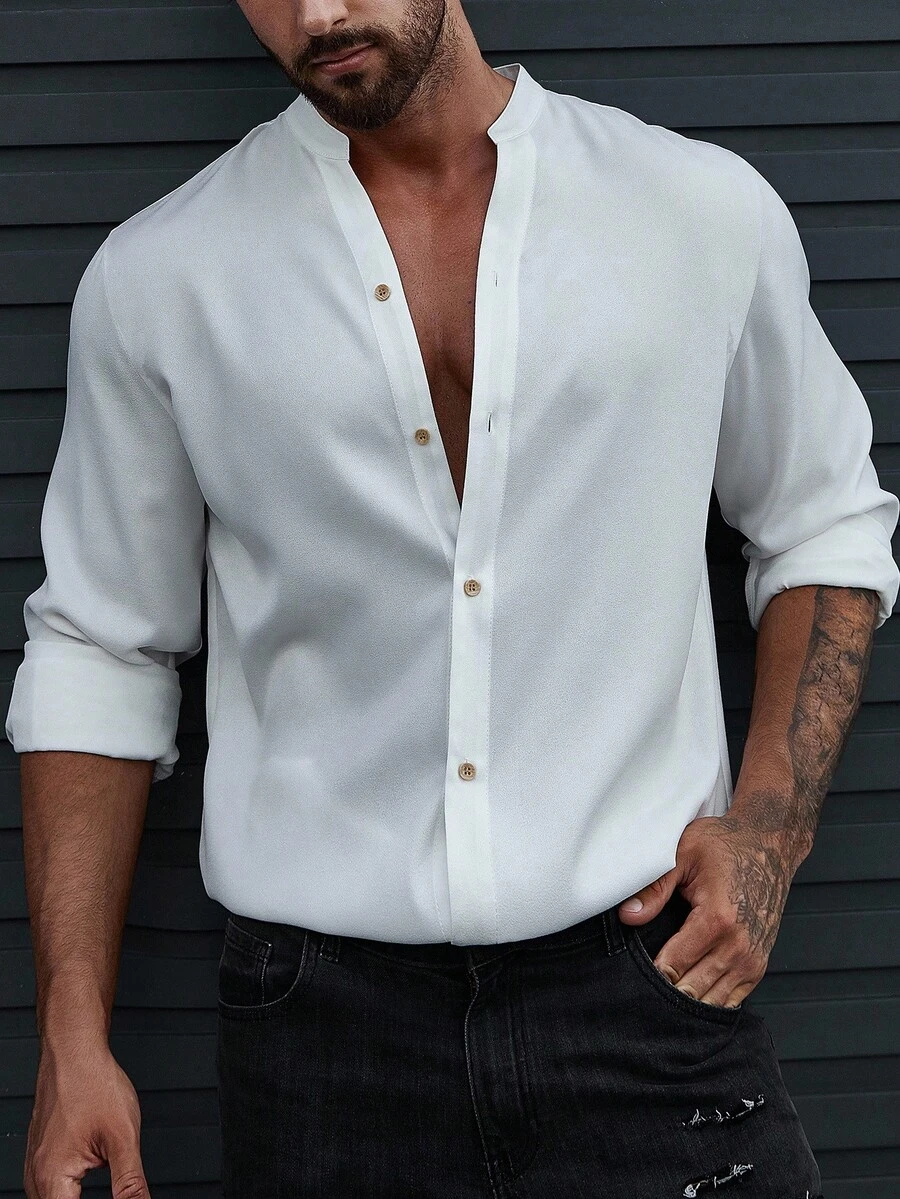Manfinity Homme Camisa casual de manga larga con botones de corte slim, de color liso, para hombre, para otoño - Blanco - Ver 1