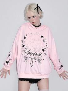 ROMWE Avant 女士和女孩可爱兔耳蕾丝蝴蝶结标点刺绣装饰宽松运动衫 - 粉色 - 查看 6