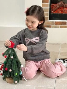 Genkimix Kids 2 pièces Ensemble Top décontracté avec décor de nœud brodé + pantalon droit de couleur unie pour filles Genkimix - Gris foncé - Voir 4