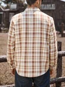 Manfinity Nomadique 男士格子单排扣工装口袋休闲长袖衬衫，秋季 - 卡其色 - 查看 2