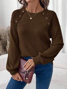 SHEIN LUNE Women's Crew Neck Lace Patchwork Decor Button Waffle Texture Casual Long Sleeve T-Shirt - Coffee Brown - View 3