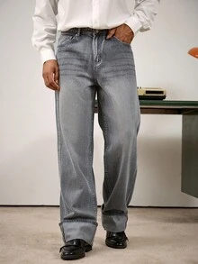 RivetRise Men's Washed Gray Straight Loose Fit Jeans - Grey - View 1