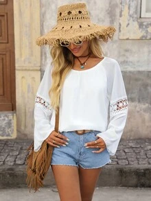 Brillora Hollow Out Bell Sleeve Round Neck Women's Blouse