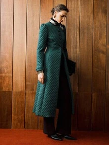 Arave 女式长款绗缝菱形格纹收腰泡泡袖夹克，秋冬 - 墨綠色 - 查看 5