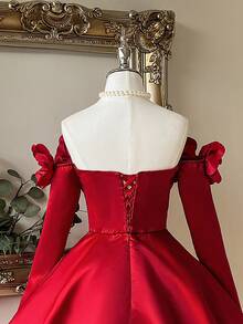 Lovelzi Elegant Glamorous 3D Floral Jewel Embellished Off Shoulder Long Sleeve A-Line Evening Party Maxi Dress - Red - View 6