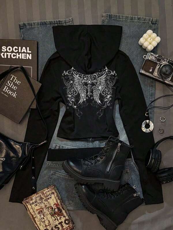 Attitoon Women's Solid Color Fitted Vintage Punk Gothic Wing Print Hoodie T-Shirt, Chic Street Style, Fall And Winter