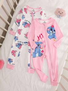 2pcs Baby Girls Cute Cartoon Rabbit Jumpsuit, Comfortable Casual Snug Fit Homewear, Spring/Autumn Snug Fit Fall Winter - Pink - View 3