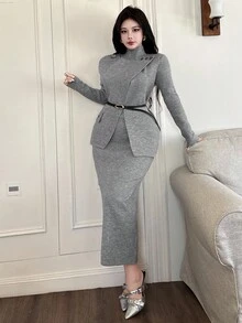 DAZY 2件套女士纯色无袖连衣裙和毛衣套装，秋季 - 灰色 - 查看 5