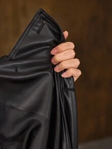 Hansera 1 件女式黑色 PU 皮革双排扣长款风衣 - 黑色 - 查看 6