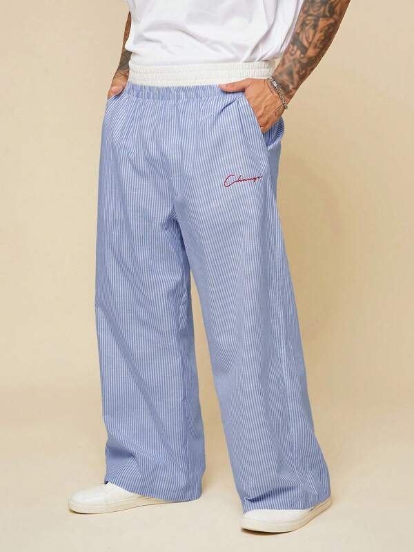 EASEVO بنطلون طويل كاجوال للرجال كبار الحجم مزين بخطوط وطرز مطرزة، موسم الخريف