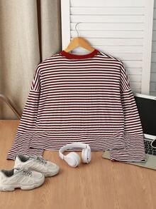 INAWLY Plus Size Women Striped Round Neck Drop Shoulder Long Sleeve Casual Loose T-Shirt