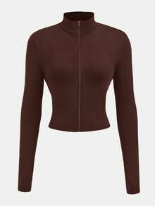 SHEIN Girlism 青少年女孩休闲弹力半拉链 V 领紧身长袖 T 恤，秋冬基本款外套 - 棕色 - 查看 6